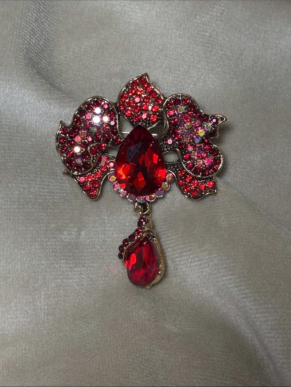Red Crystal Floral Drop Brooch - Women Jewelry